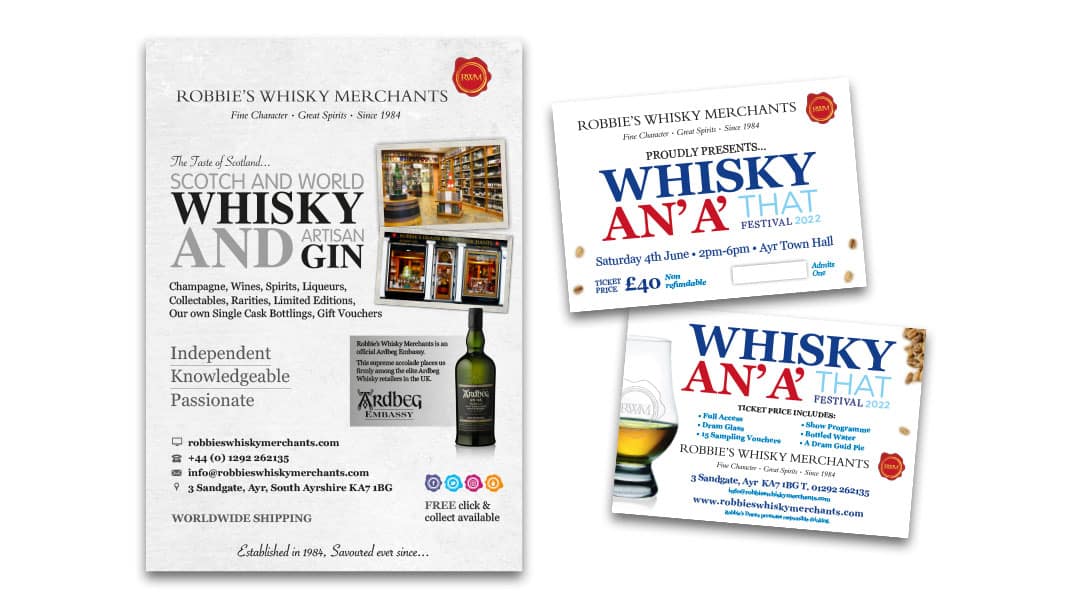 Robbies Whisky Merchants advert and tickets