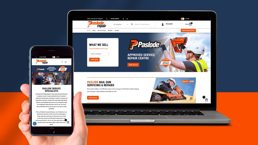 Paslode Repair website on laptop and mobile