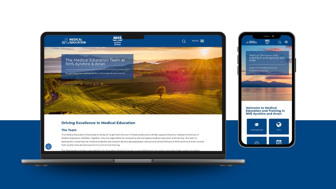 NHS Ayrshire & Arran Medical Education & Training website shown on laptop and mobile