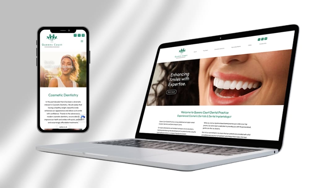 Queens Court Dental Practice Website shown on laptop and phone